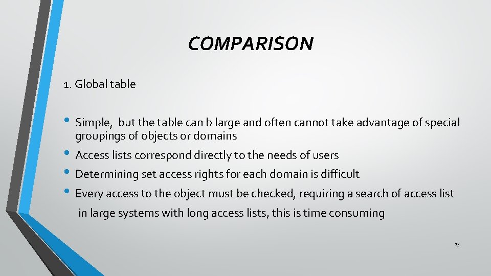 COMPARISON 1. Global table • Simple, but the table can b large and often