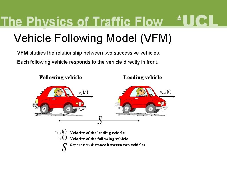 Vehicle Following Model (VFM) VFM studies the relationship between two successive vehicles. Each following
