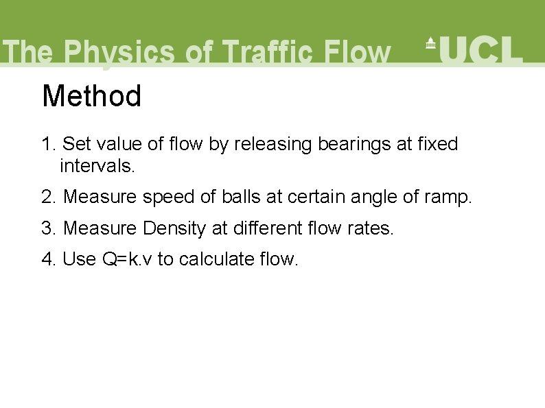 Method 1. Set value of flow by releasing bearings at fixed intervals. 2. Measure