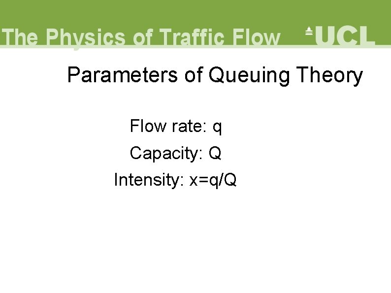 Parameters of Queuing Theory Flow rate: q Capacity: Q Intensity: x=q/Q 