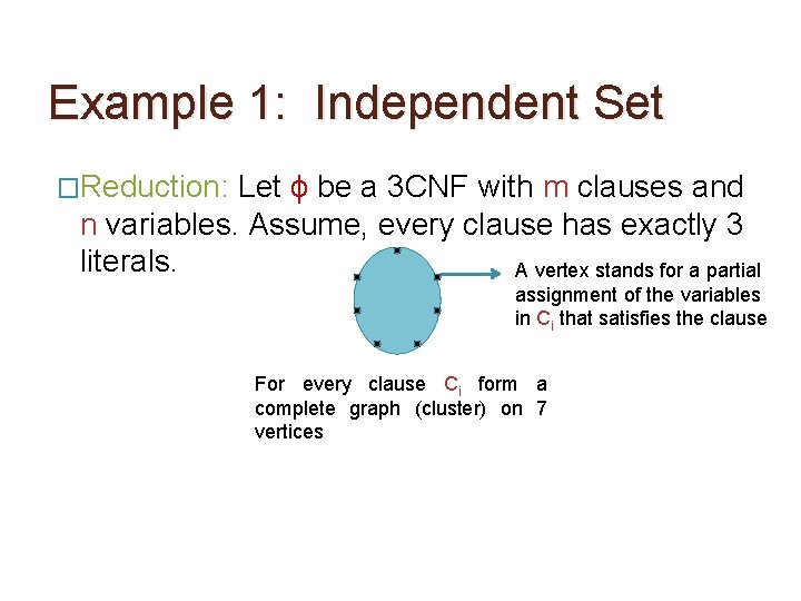 Example 1: Independent Set �Reduction: Let ϕ be a 3 CNF with m clauses