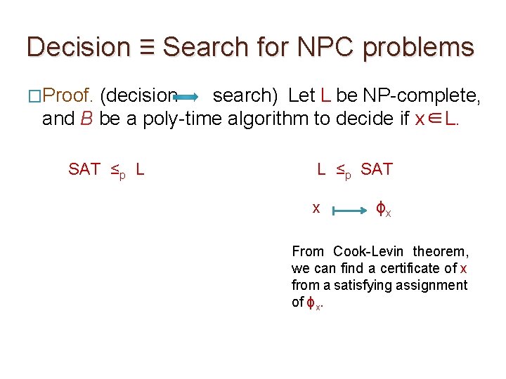 Decision ≡ Search for NPC problems �Proof. (decision search) Let L be NP-complete, and
