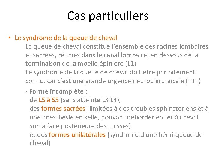 Cas particuliers • Le syndrome de la queue de cheval La queue de cheval