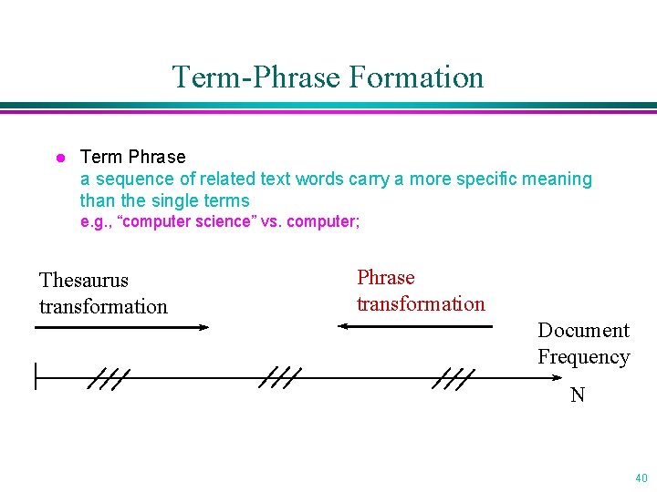 Term-Phrase Formation l Term Phrase a sequence of related text words carry a more