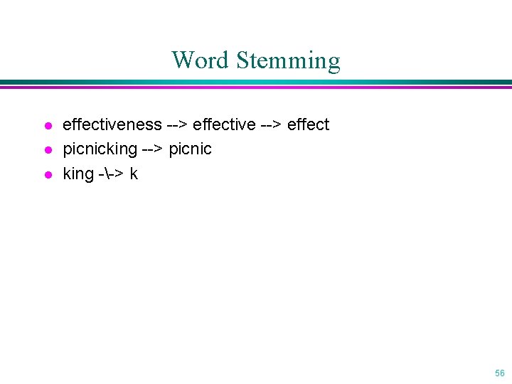 Word Stemming l l l effectiveness --> effective --> effect picnicking --> picnic king