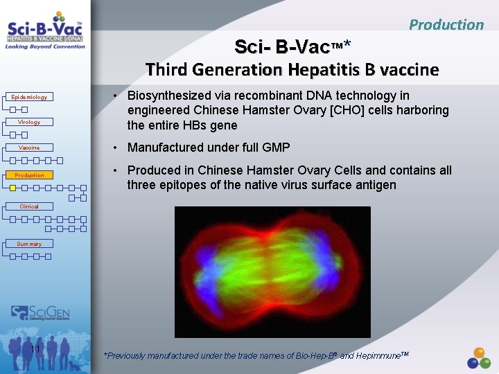 Production Sci- B-Vac™* Third Generation Hepatitis B vaccine Epidemiology Virology Vaccine Production • Biosynthesized