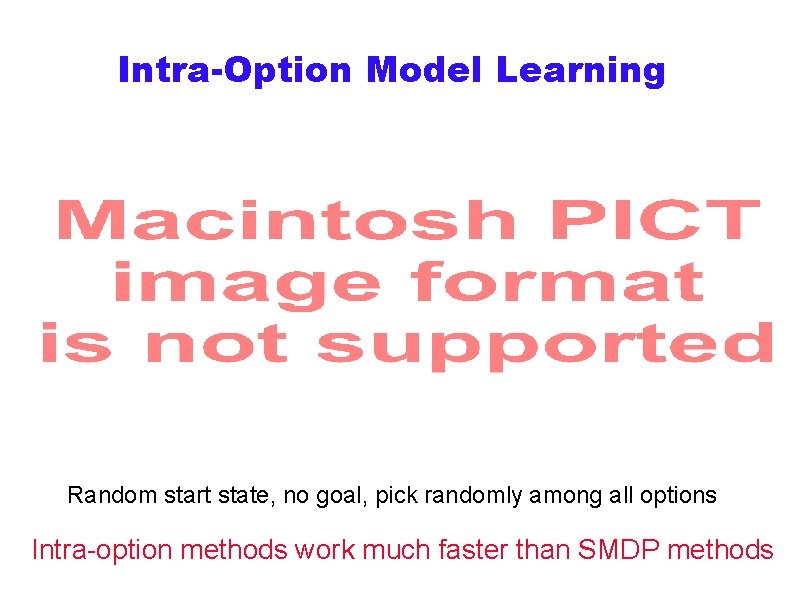 Intra-Option Model Learning Random start state, no goal, pick randomly among all options Intra-option