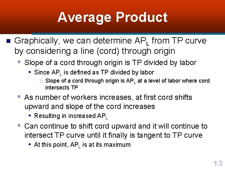 Average Product n Graphically, we can determine APL from TP curve by considering a