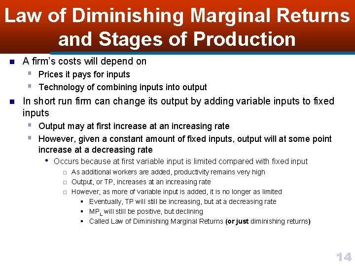 Law of Diminishing Marginal Returns and Stages of Production n A firm’s costs will