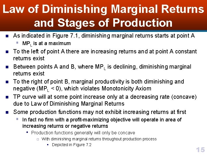 Law of Diminishing Marginal Returns and Stages of Production n As indicated in Figure