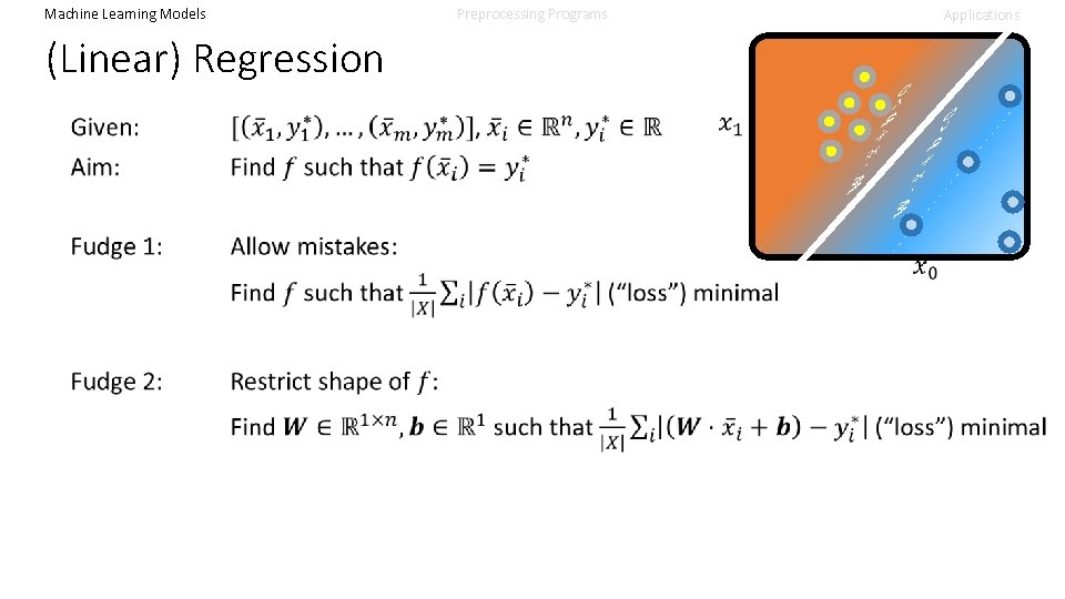 Machine Learning Models Preprocessing Programs Applications (Linear) Regression 