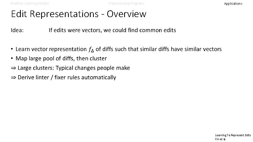 Machine Learning Models Preprocessing Programs Applications Edit Representations - Overview Learning To Represent Edits