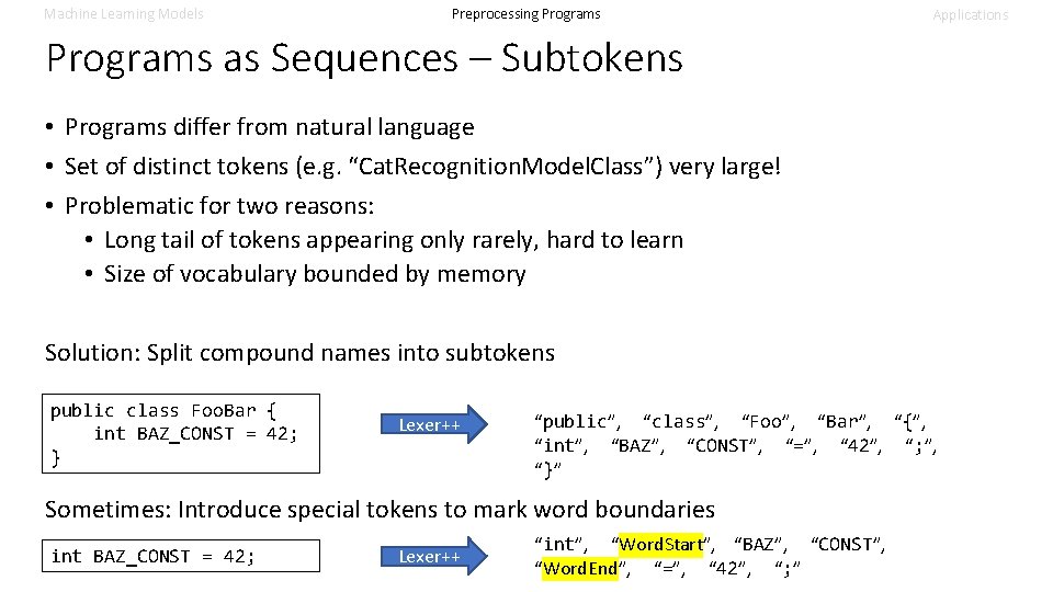 Machine Learning Models Preprocessing Programs Applications Programs as Sequences – Subtokens • Programs differ