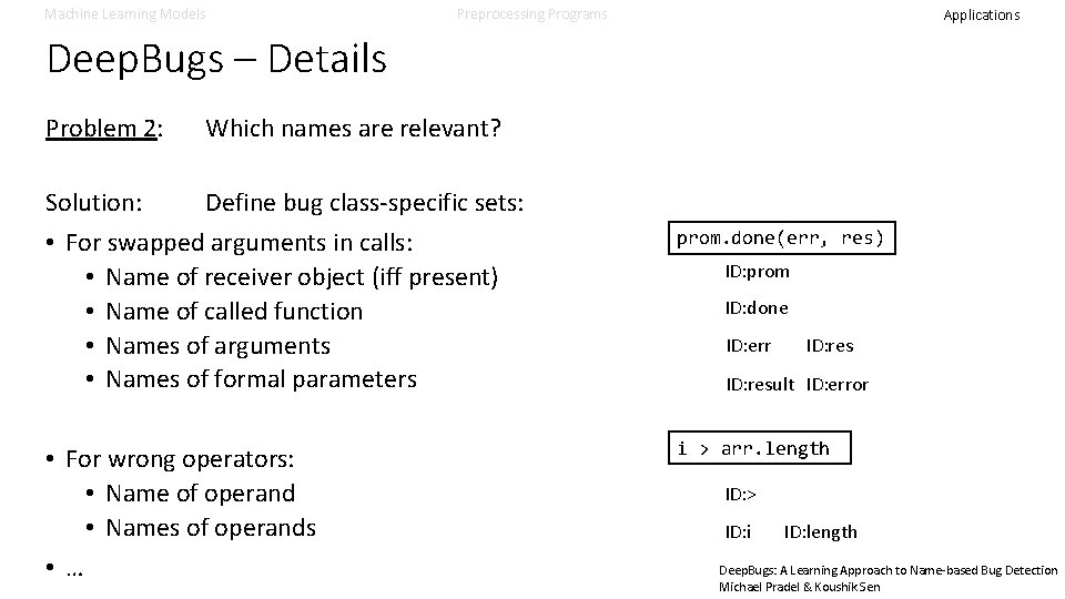 Machine Learning Models Preprocessing Programs Applications Deep. Bugs – Details Problem 2: Which names Machine Learning Models Preprocessing Programs Applications Deep. Bugs – Details Problem 2: Which names