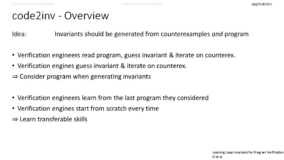 Machine Learning Models Preprocessing Programs Applications code 2 inv - Overview Learning Loop Invariants Machine Learning Models Preprocessing Programs Applications code 2 inv - Overview Learning Loop Invariants