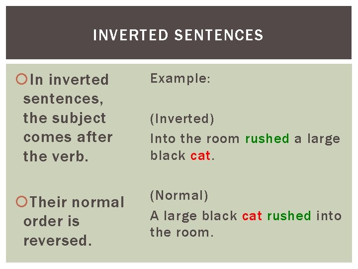 INVERTED SENTENCES In inverted sentences, the subject comes after the verb. Example: Their normal
