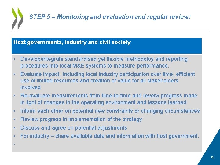 STEP 5 – Monitoring and evaluation and regular review: Host governments, industry and civil