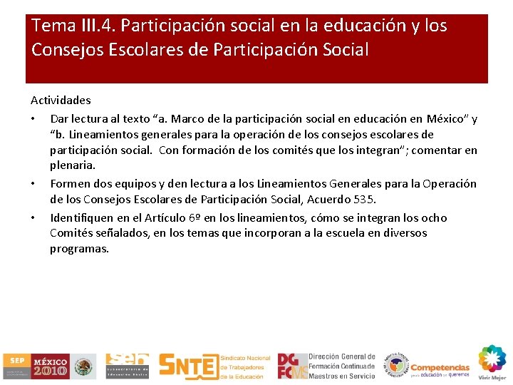 Tema III. 4. Participación social en la educación y los Consejos Escolares de Participación