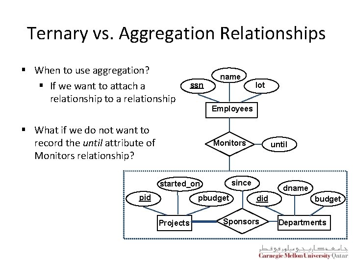 Ternary vs. Aggregation Relationships § When to use aggregation? § If we want to