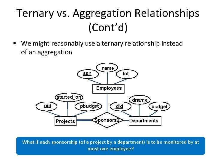Ternary vs. Aggregation Relationships (Cont’d) § We might reasonably use a ternary relationship instead