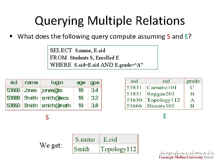 Querying Multiple Relations § What does the following query compute assuming S and E?