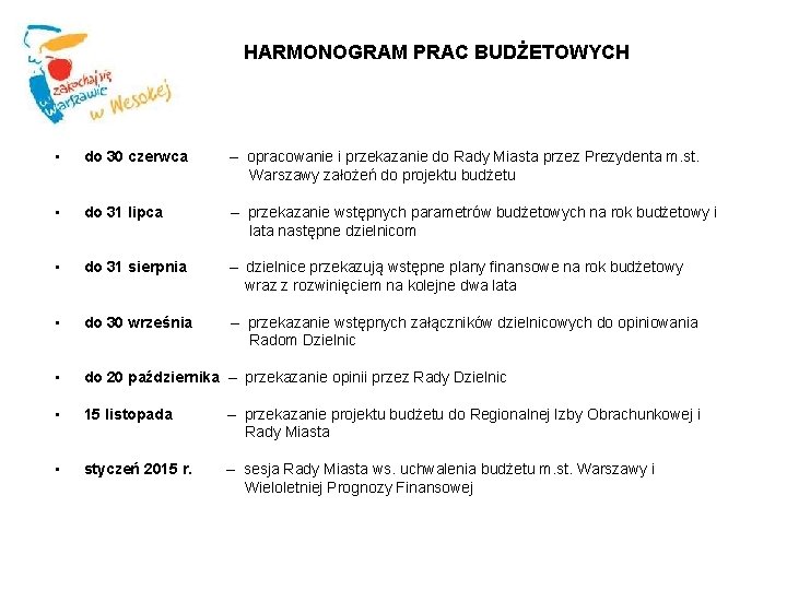 HARMONOGRAM PRAC BUDŻETOWYCH • do 30 czerwca – opracowanie i przekazanie do Rady Miasta