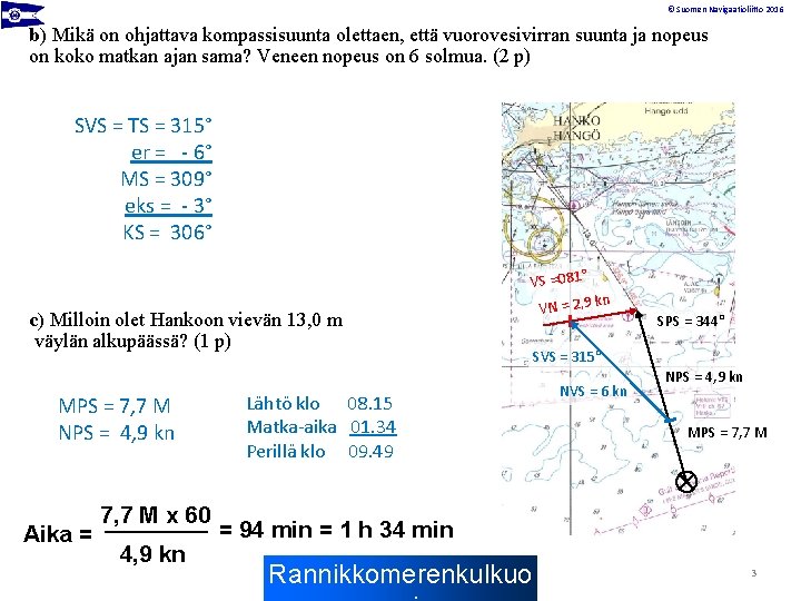 © Suomen Navigaatioliitto 2016 b) Mikä on ohjattava kompassisuunta olettaen, että vuorovesivirran suunta ja