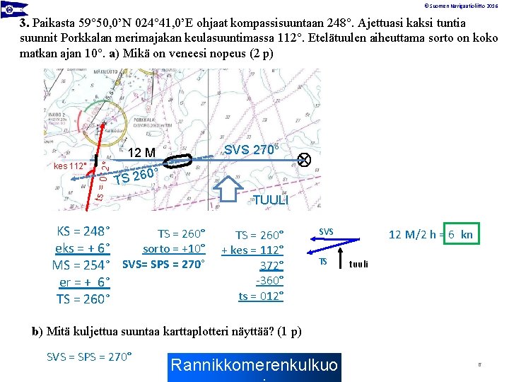 © Suomen Navigaatioliitto 2016 3. Paikasta 59° 50, 0’N 024° 41, 0’E ohjaat kompassisuuntaan