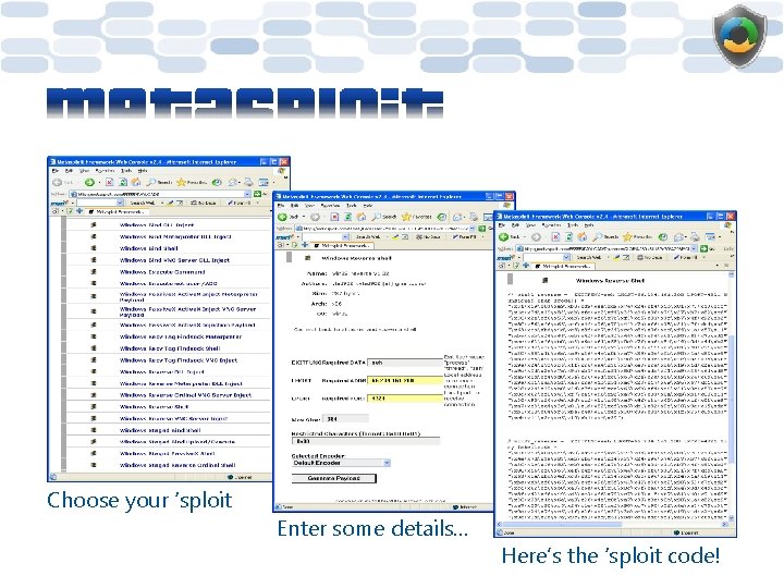 Choose your ‘sploit Enter some details… Here’s the ‘sploit code! 