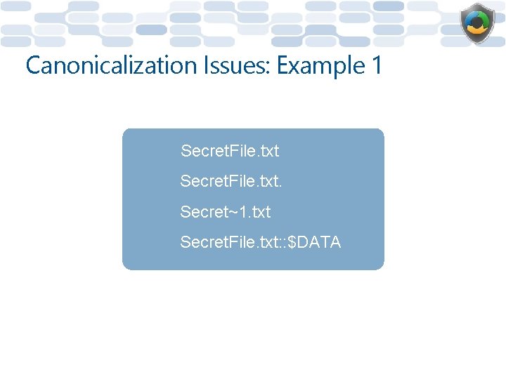 Canonicalization Issues: Example 1 Secret. File. txt. Secret~1. txt Secret. File. txt: : $DATA