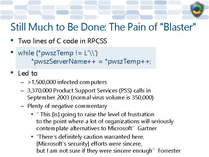 Still Much to Be Done: The Pain of "Blaster" • • Two lines of