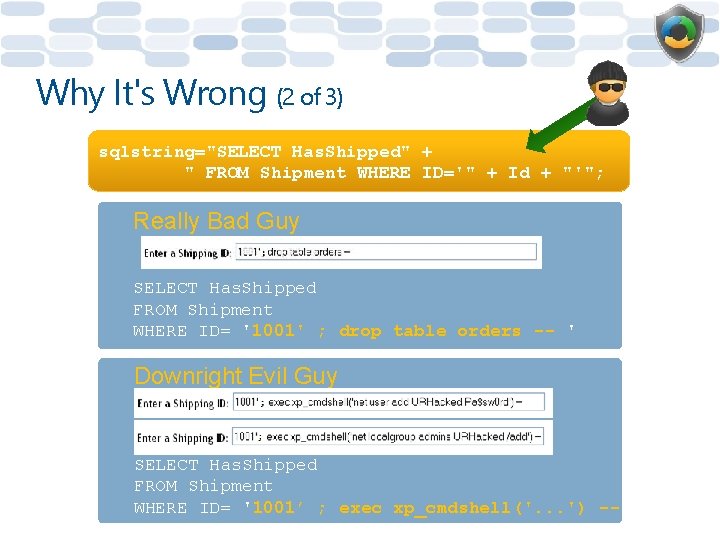 Why It's Wrong (2 of 3) sqlstring="SELECT Has. Shipped" + " FROM Shipment WHERE