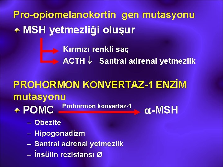 Pro-opiomelanokortin gen mutasyonu MSH yetmezliği oluşur Kırmızı renkli saç ACTH ¯ Santral adrenal yetmezlik
