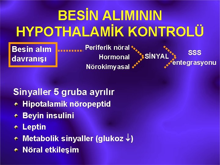 BESİN ALIMININ HYPOTHALAMİK KONTROLÜ Besin alım davranışı Periferik nöral Hormonal Nörokimyasal Sinyaller 5 gruba