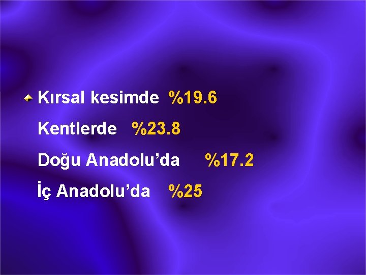 Kırsal kesimde %19. 6 Kentlerde %23. 8 Doğu Anadolu’da İç Anadolu’da %25 %17. 2