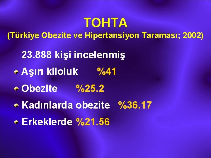 TOHTA (Türkiye Obezite ve Hipertansiyon Taraması; 2002) 23. 888 kişi incelenmiş Aşırı kiloluk Obezite