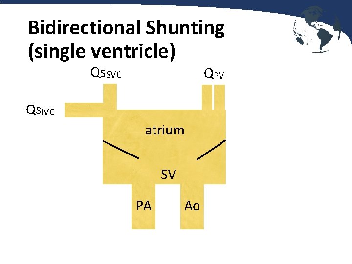 Bidirectional Shunting (single ventricle) Qs. SVC QPV Qs. IVC atrium SV PA Ao 