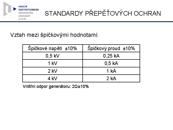 STANDARDY PŘEPĚŤOVÝCH OCHRAN Vztah mezi špičkovými hodnotami: Špičkové napětí ± 10% Špičkový proud ±