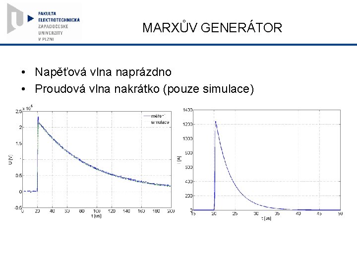 MARXŮV GENERÁTOR • Napěťová vlna naprázdno • Proudová vlna nakrátko (pouze simulace) 