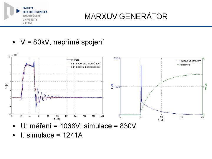 MARXŮV GENERÁTOR • V = 80 k. V, nepřímé spojení • U: měření =