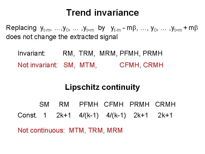 Trend invariance Replacing yt-m, …, y 0, … , yt+m by yt-m - mb, Trend invariance Replacing yt-m, …, y 0, … , yt+m by yt-m - mb,