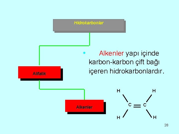 Hidrokarbonlar • Alifatik Alkenler yapı içinde karbon-karbon çift bağı içeren hidrokarbonlardır. H H C