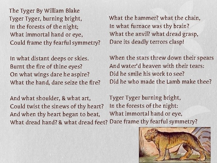The Tyger By William Blake Tyger, burning bright, In the forests of the night;