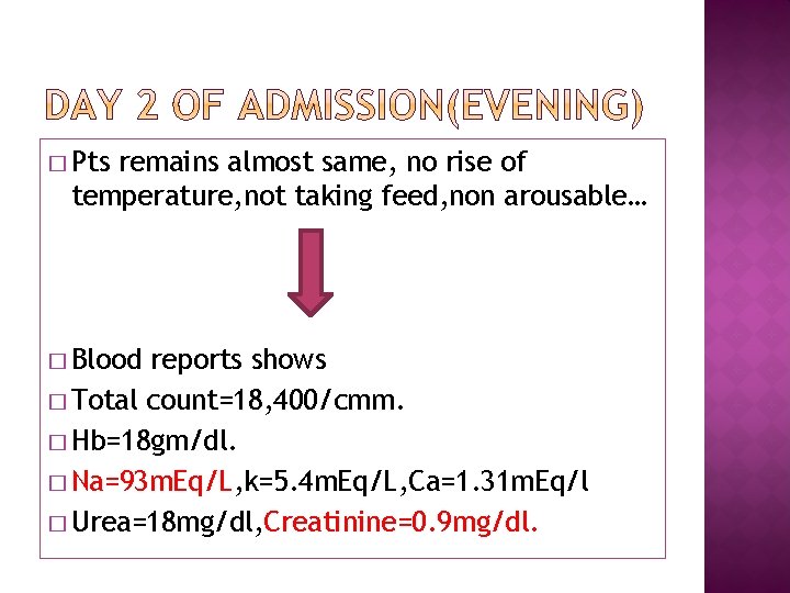 � Pts remains almost same, no rise of temperature, not taking feed, non arousable…