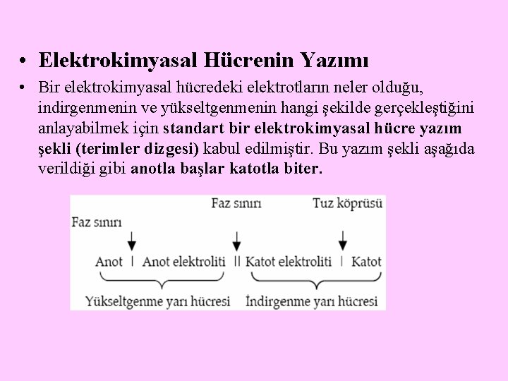  • Elektrokimyasal Hücrenin Yazımı • Bir elektrokimyasal hücredeki elektrotların neler olduğu, indirgenmenin ve