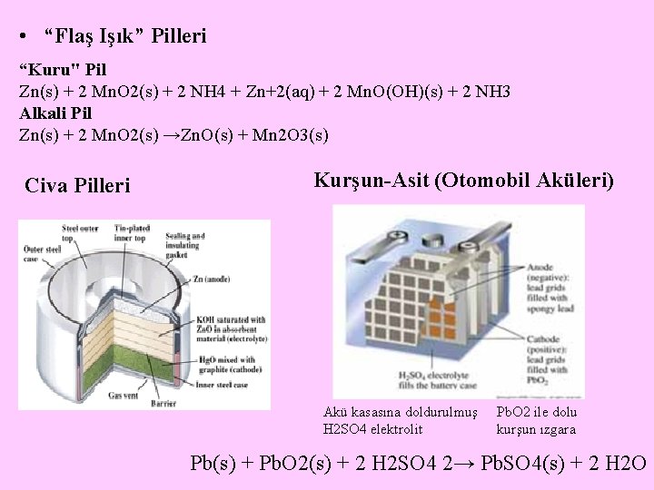  • “Flaş Işık” Pilleri “Kuru" Pil Zn(s) + 2 Mn. O 2(s) +