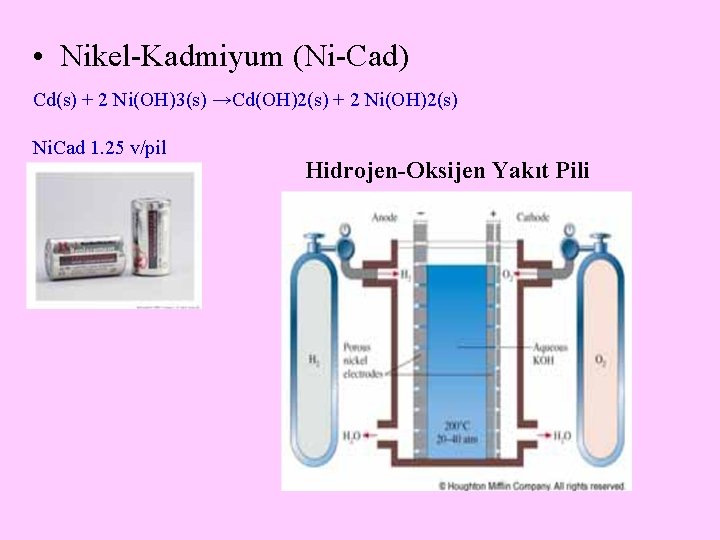 • Nikel-Kadmiyum (Ni-Cad) Cd(s) + 2 Ni(OH)3(s) →Cd(OH)2(s) + 2 Ni(OH)2(s) Ni. Cad