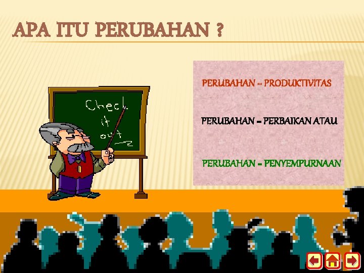 APA ITU PERUBAHAN ? PERUBAHAN = PRODUKTIVITAS PERUBAHAN = PERBAIKAN ATAU PERUBAHAN = PENYEMPURNAAN