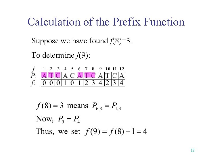 Calculation of the Prefix Function Suppose we have found f(8)=3. To determine f(9): 12 Calculation of the Prefix Function Suppose we have found f(8)=3. To determine f(9): 12