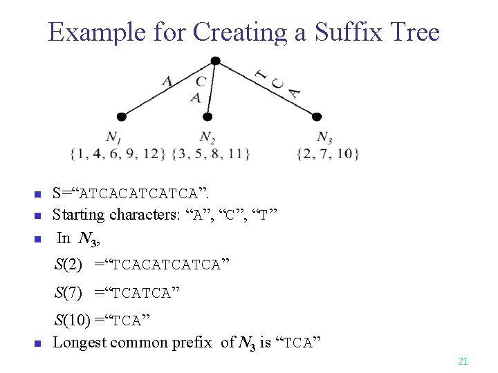 Example for Creating a Suffix Tree n n n S=“ATCACATCATCA”. Starting characters: “A”, “C”, Example for Creating a Suffix Tree n n n S=“ATCACATCATCA”. Starting characters: “A”, “C”,